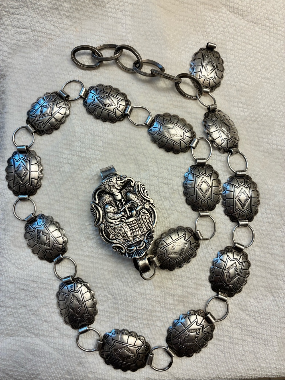 Vintage Sterling Silver Concho Link Belt 30” with Ornate Buckle